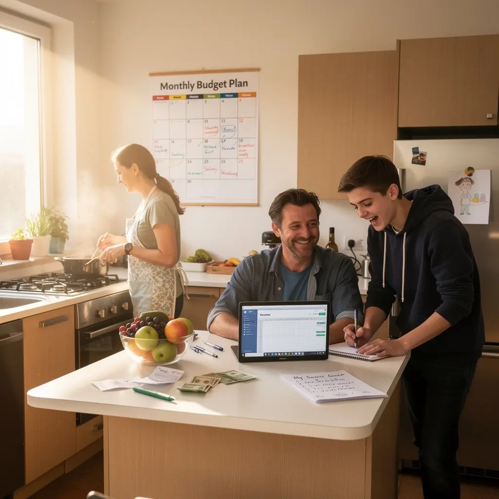 Obrázek knihy o osobních financích ležící na stole s psacími potřebami.